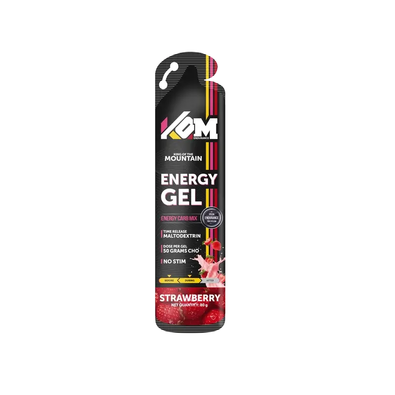 Kom Endurance Sports Nutrition Gels, box of 18 gels of 80g, strawberry flavour.
