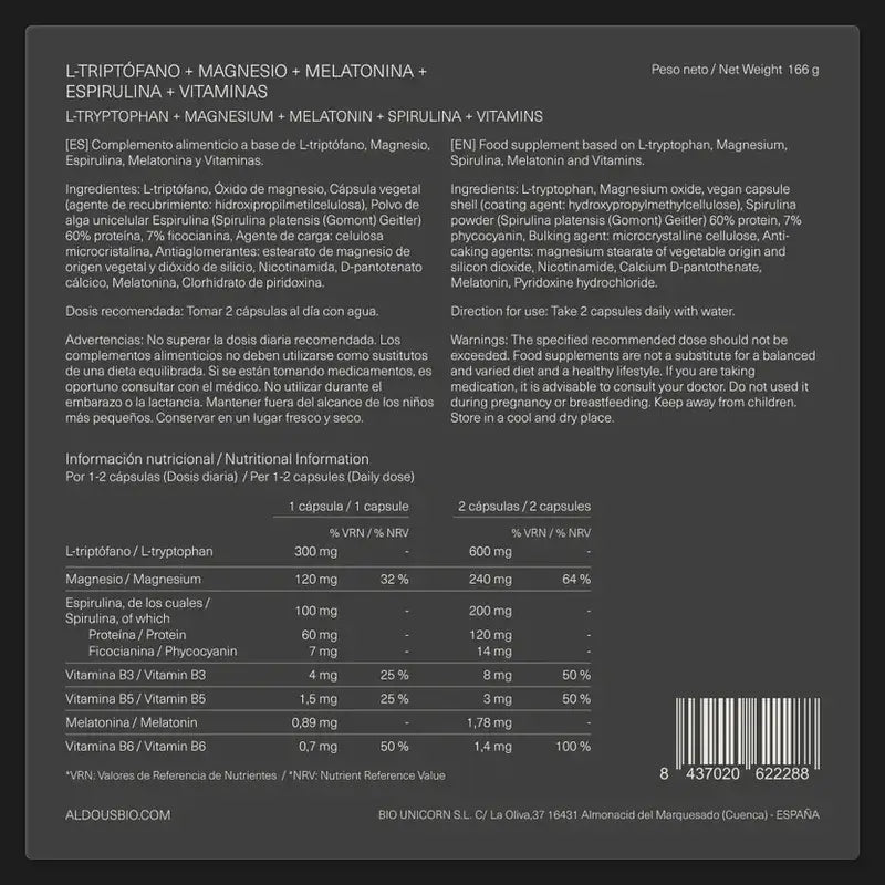 Aldous Labs L-Tryptophan Premium Melatonin 1,78 mg Magnesium, 200 vegetarian capsules