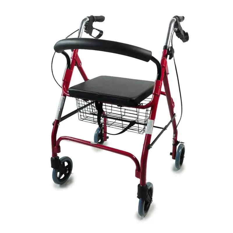4-Wheeled Foldable and Height Adjustable Walking Frame with Basket, Seat and Backrest Padding, Red
