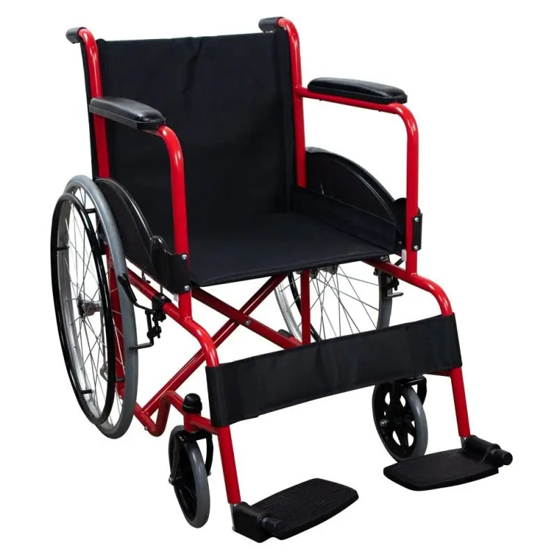 Mobiclinic Folding Wheelchair with Large Wheels, Armrests and Fixed Footrests, Red
