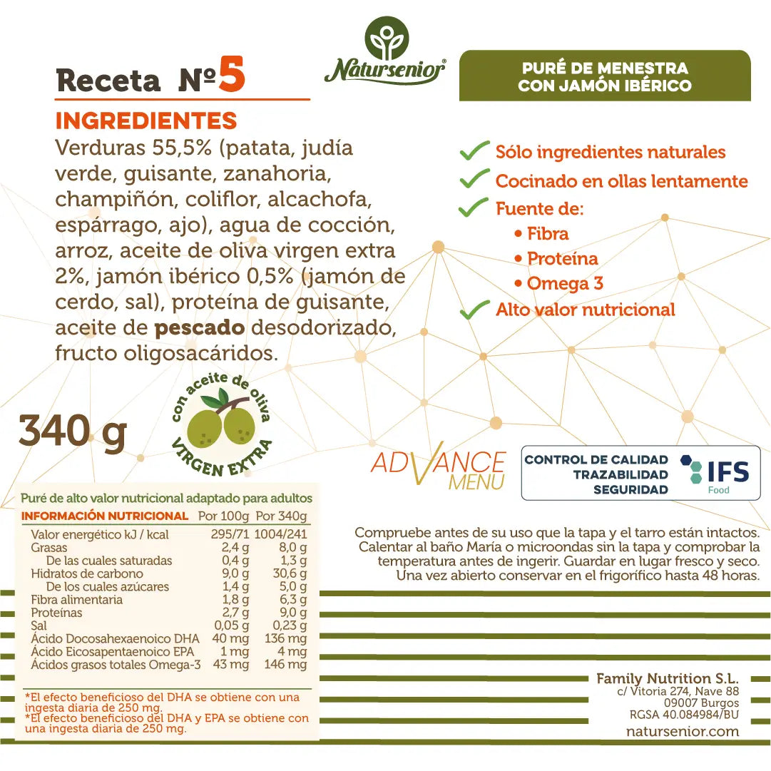 Natursenior Adult Mashed Meal with Iberian Ham with Omega 3 Dha+Epa, Prebiotics and Proteins. , 340 gr