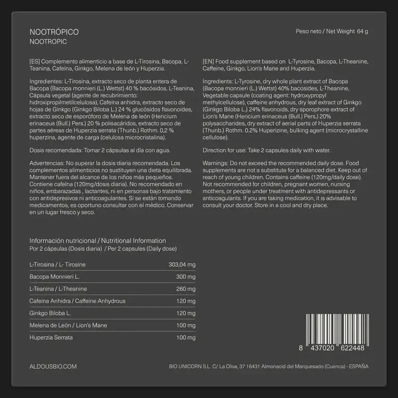 Aldous Labs Nootropic with Ginkgo Biloba, Lion's Mane, Caffeine, Bacopa, Tyrosine, Theanine, Theanine and Huperzine A