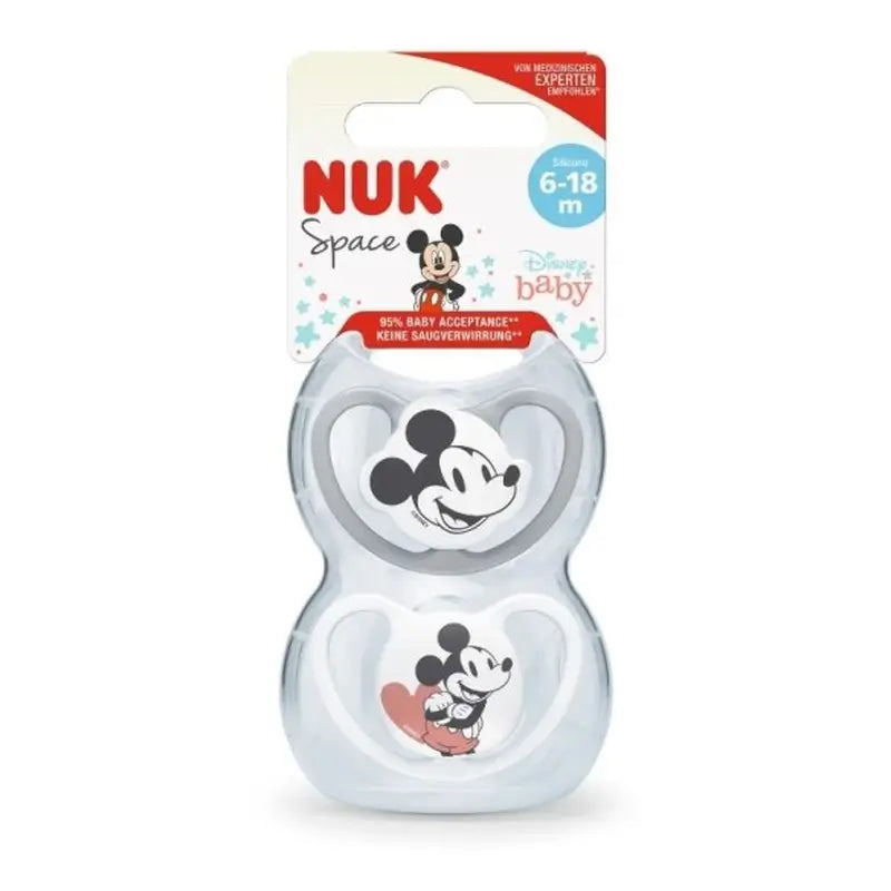 Nuk Pacifier Space Mickey Mouse Grey T2 6-18M Silicone , 2 units