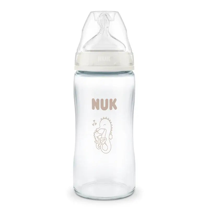 NUK First Choice+ Glass Baby Bottle, 240 ml, M Teat, 3m+, Seahorse