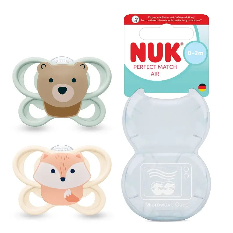 NUK Perfect Match Air Silicone Dummy T0 0–2 months Fox/Bear, 2 pcs