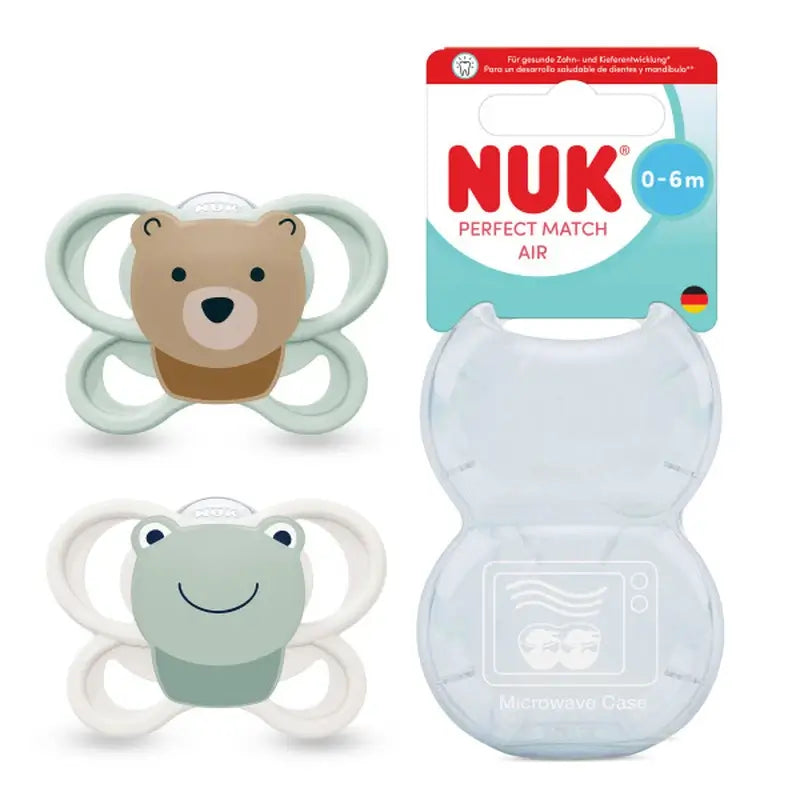 NUK Perfect Match Air Silicone Dummy T1 0–6 months Bear/Frog, 2 pcs