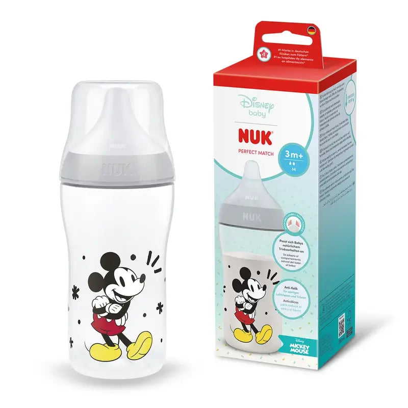 NUK Perfect Match 260 ml Baby Bottle, M Teat, 3m+, Mickey Mouse, Grey