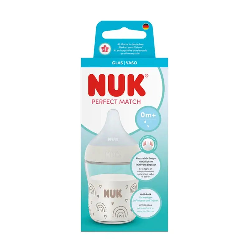 NUK Perfect Match Glass Baby Bottle 120 ml, Teat Size S, 0m+, Rainbow