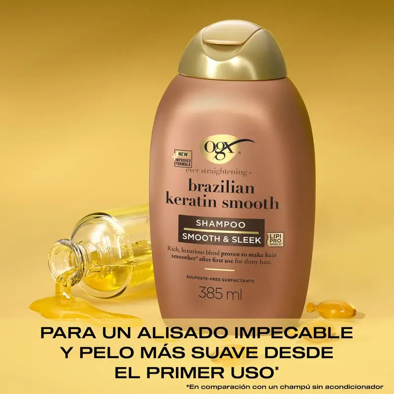 OGX Brazilian Keratin Shampoo, Smooth & Nourish, Wavy or Curly Hair, Smooth & Shiny, 385ml