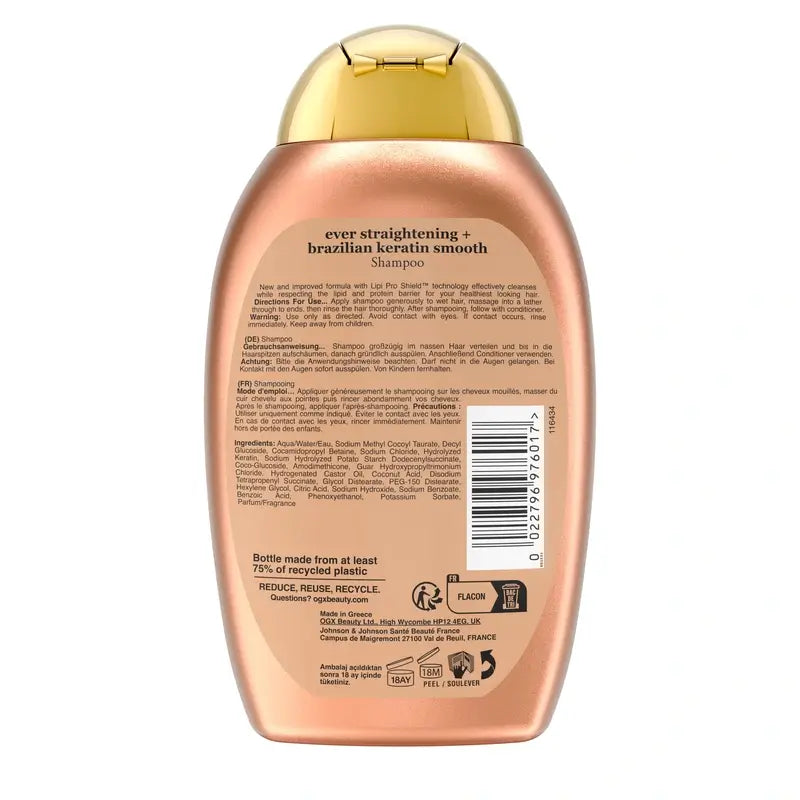 OGX Brazilian Keratin Shampoo, Smooth & Nourish, Wavy or Curly Hair, Smooth & Shiny, 385ml