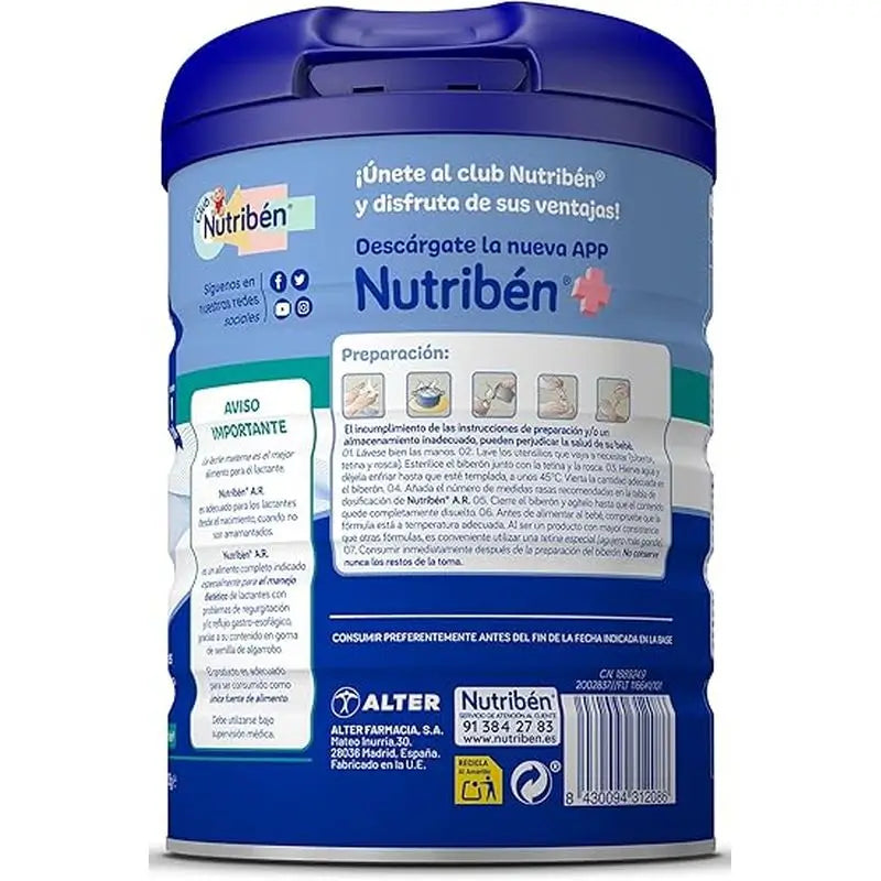Nutribén AR Anti-Reflux and Anti-Regurgitation Milk, 8 X 800 grams