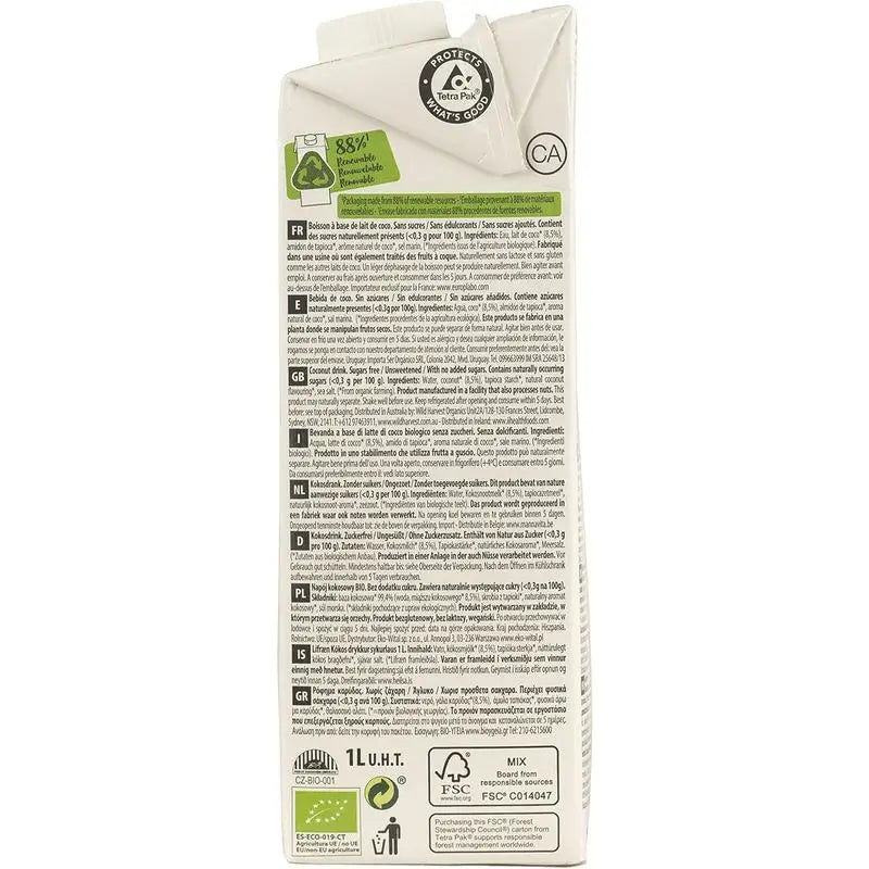 Ecomil Coconut Nature Bio, Pack 1 L x 6 Units
