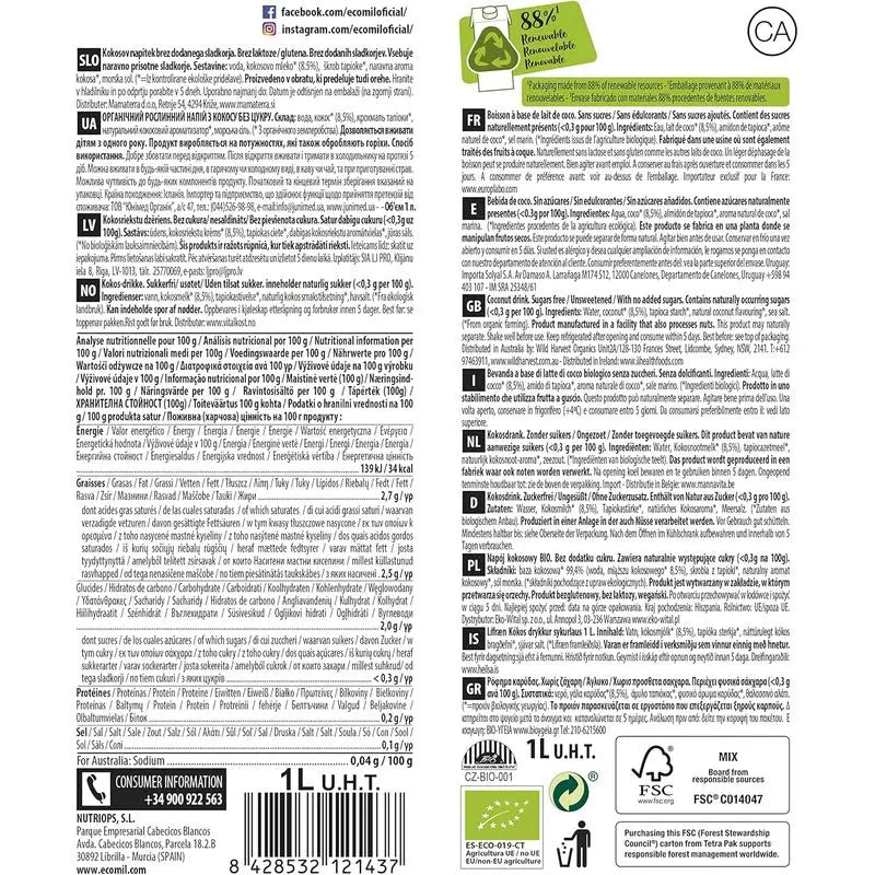 Ecomil Coconut Nature Bio, Pack 1 L x 6 Units