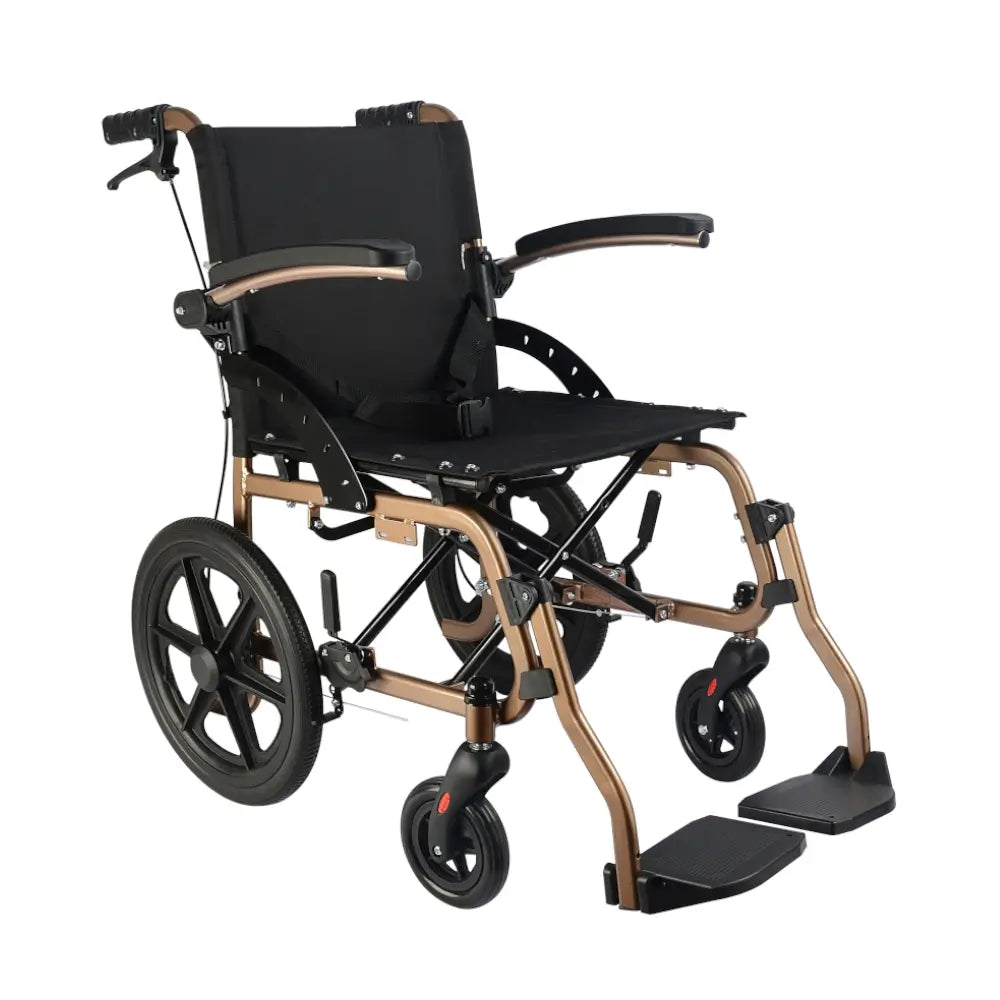 aluminium transport wheelchair, folding armrests, gold