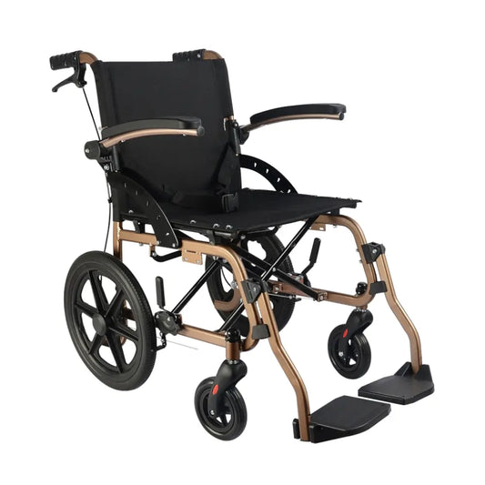 aluminium transport wheelchair, folding armrests, gold