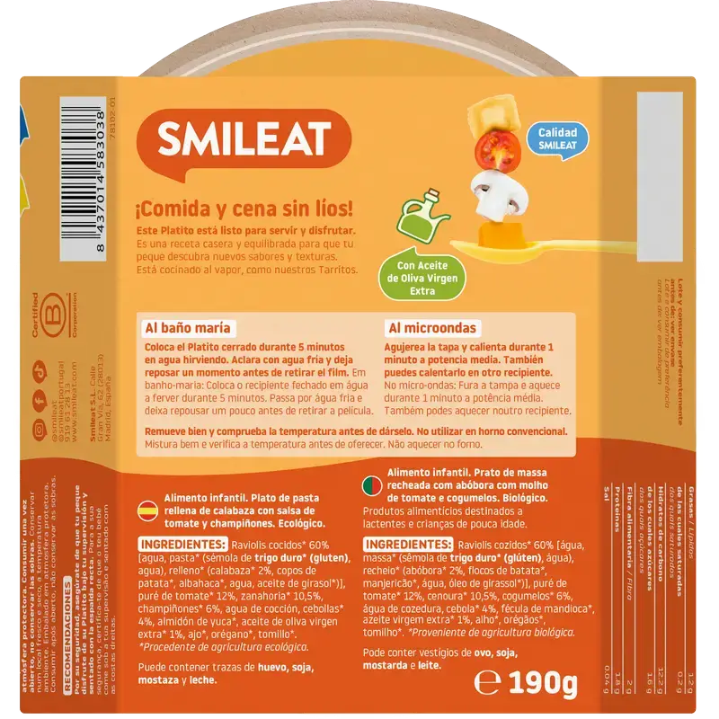 Smileat Small Plate Pumpkin Ravioli With Tomato Sauce Eco, 190 g