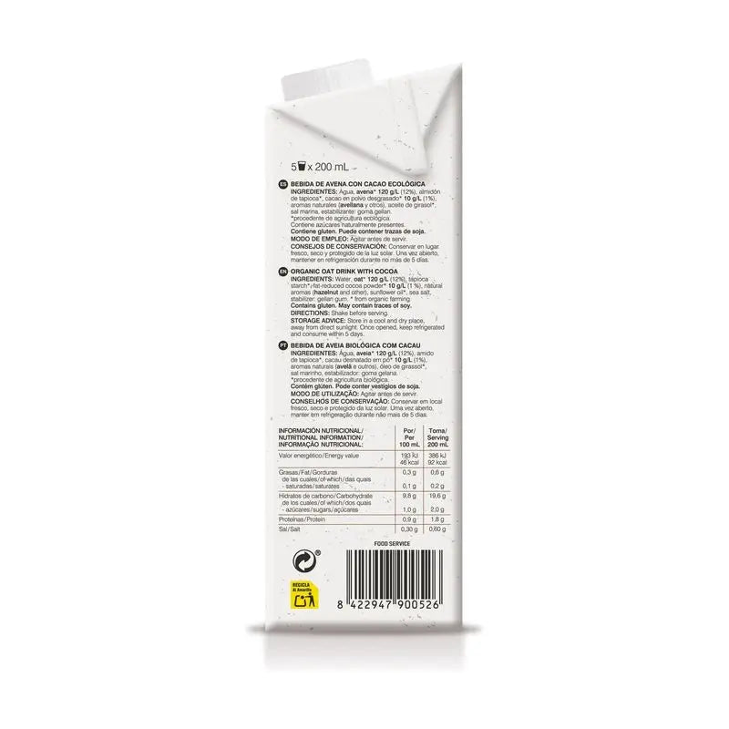 Soria Natural Oat-Based Plant-Based Drink with Cocoa, 6 x 1L