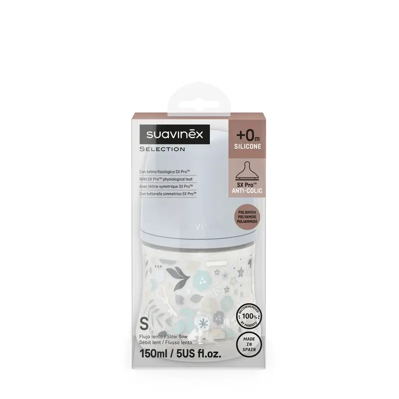 Suavinex Baby Bottle 150 Ml, Slow Flow (S), +0 Months, Wonderland Flowers Blue