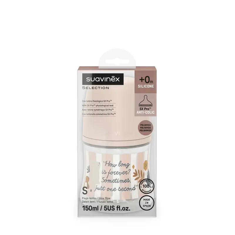 Suavinex Baby Bottle 150 Ml, Slow Flow (S), +0 Months, Wonderland Pink