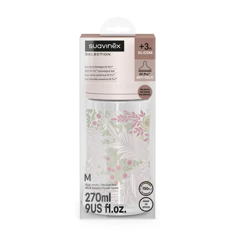 Suavinex Feeding Bottle 270 Ml, Medium Flow (M), +3 Months, Poetry Pink