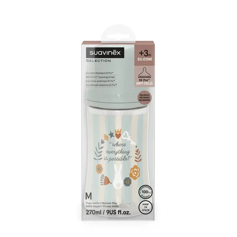 Suavinex Baby Bottle 270 Ml, Medium Flow (M), +3 Months, Wonderland Green