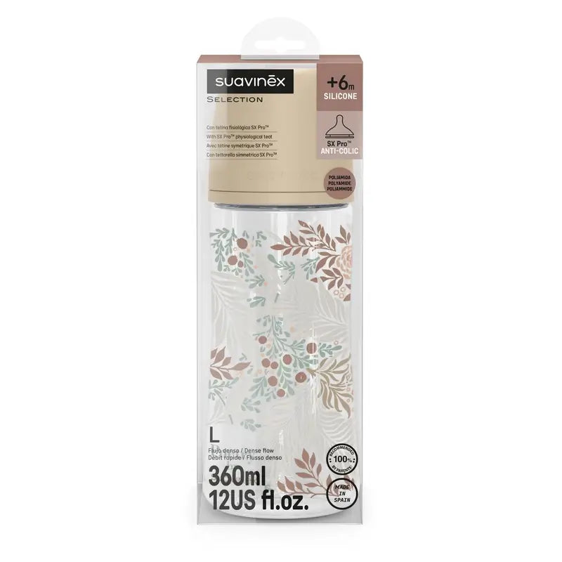 Suavinex Feeding Bottle 360 Ml, Dense Flow (L), +6 Months, Poetry Beige