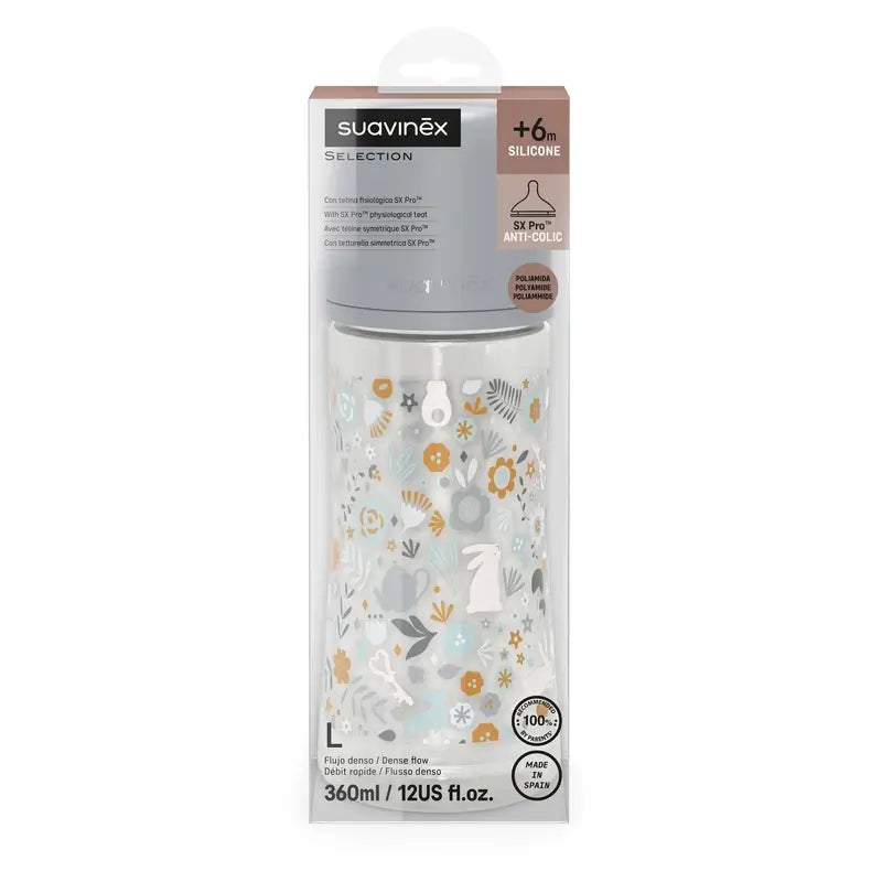 Suavinex Baby Bottle 360 Ml, Dense Flow (L), +6 Months, Wonderland Flowers Blue