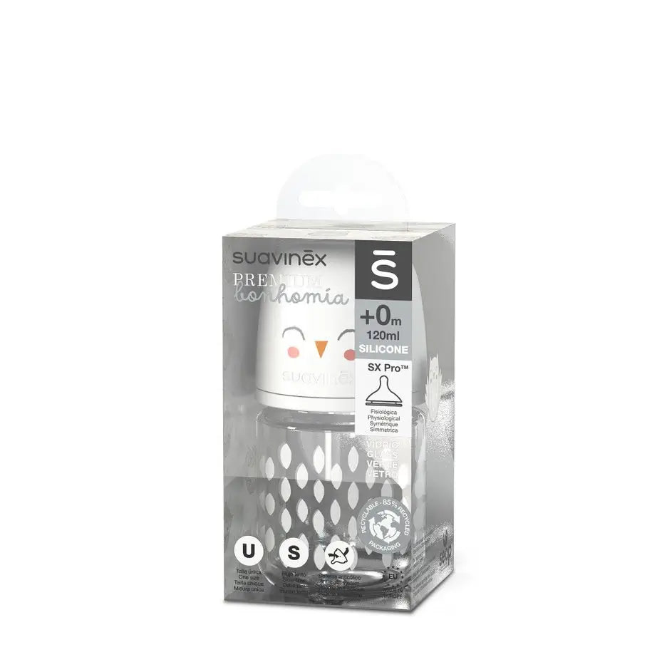 Suavinex Glass Bottle 120 Ml. Physiological Sx Pro Silicone Teat. Slow Flow Bottle. +0 Months. Bonhomia, Beige