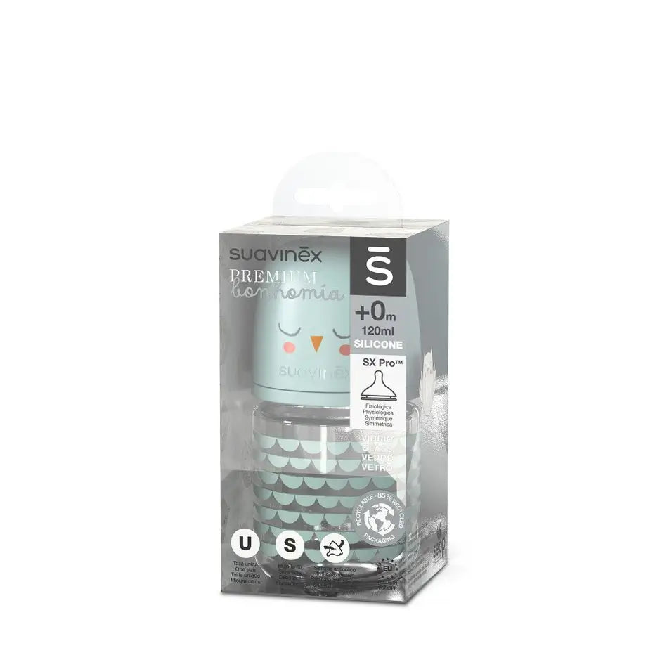 Suavinex Glass Bottle 120 Ml. Physiological Sx Pro Silicone Teat. Slow Flow Bottle. +0 Months. Bonhomia, Green