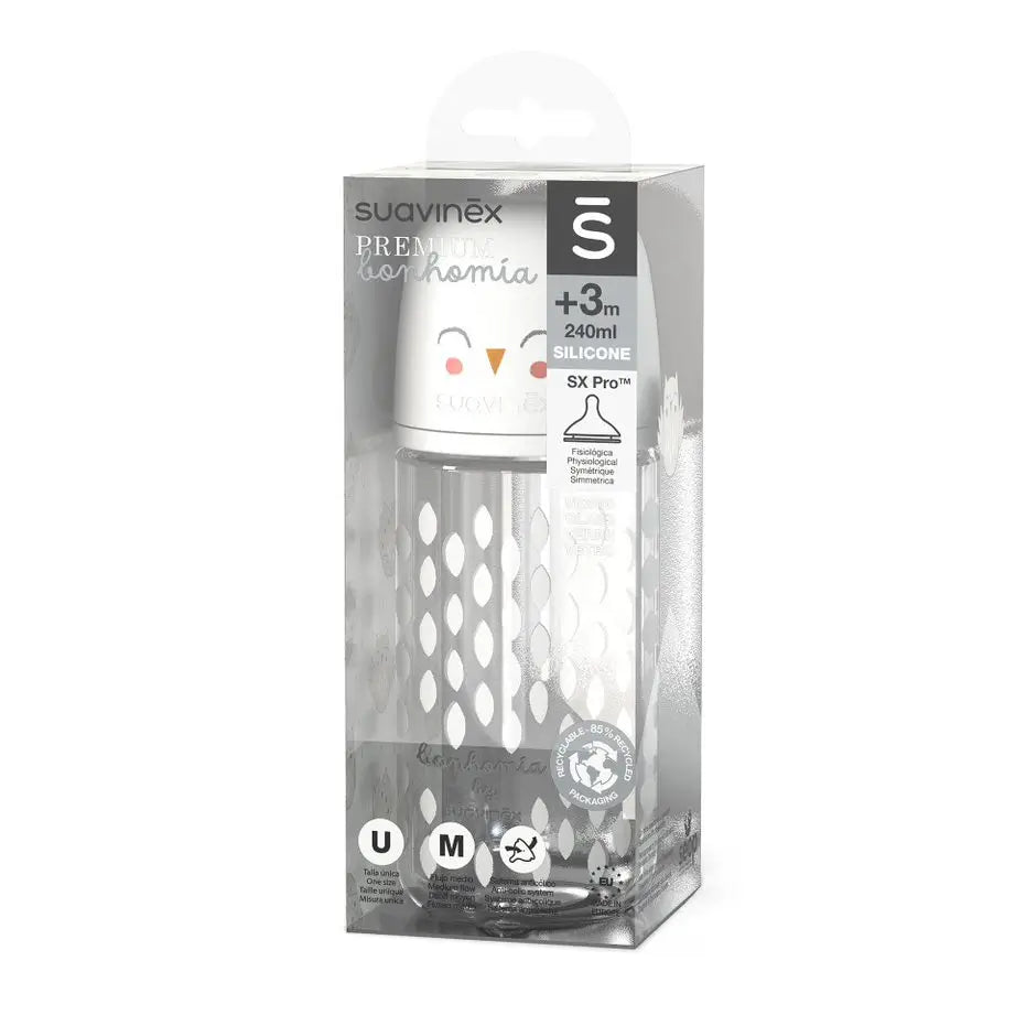 Suavinex Glass Bottle 240 Ml. Sx Pro Physiological Silicone Teat. Medium Flow Bottle. +3 Months. Bonhomia, Beige