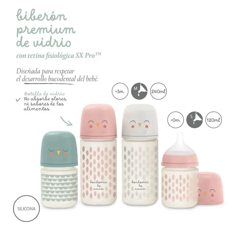 Suavinex Glass Bottle 240 Ml. Sx Pro Physiological Silicone Teat. Medium Flow Bottle. +3 Months. Bonhomia, Beige