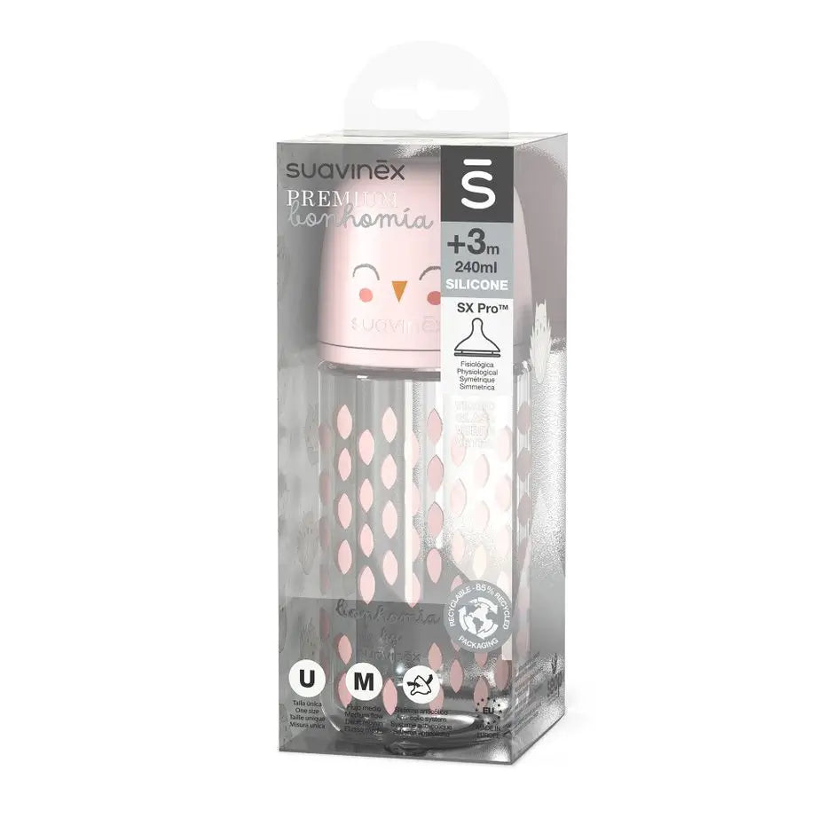 Suavinex Glass Bottle 240 Ml. Sx Pro Physiological Silicone Teat. Medium Flow Bottle. +3 Months. Bonhomia, Pink