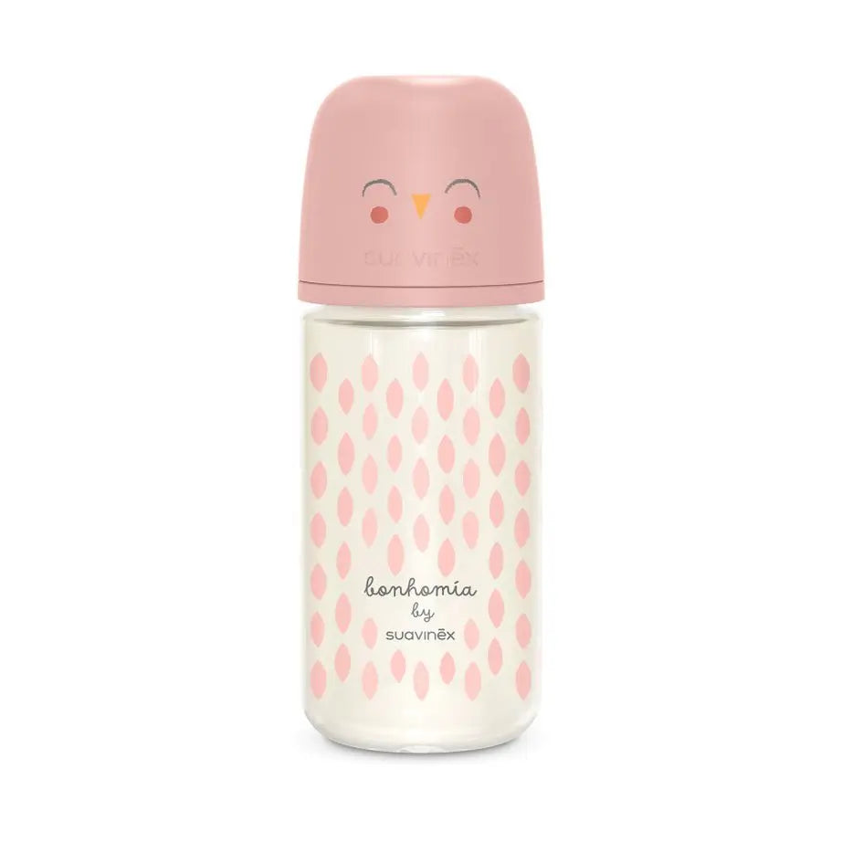 Suavinex Glass Bottle 240 Ml. Sx Pro Physiological Silicone Teat. Medium Flow Bottle. +3 Months. Bonhomia, Pink