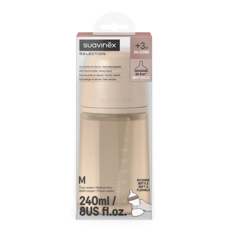 Suavinex Silicone Bottle 240 Ml, Medium Flow (M), +3 Months, Irish Cream