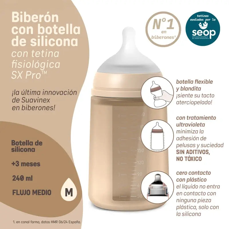 Suavinex Silicone Bottle 240 Ml, Medium Flow (M), +3 Months, Irish Cream