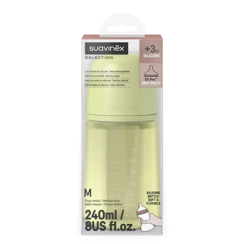 Suavinex Silicone Bottle 240 Ml, Medium Flow (M), +3 Months, Lime