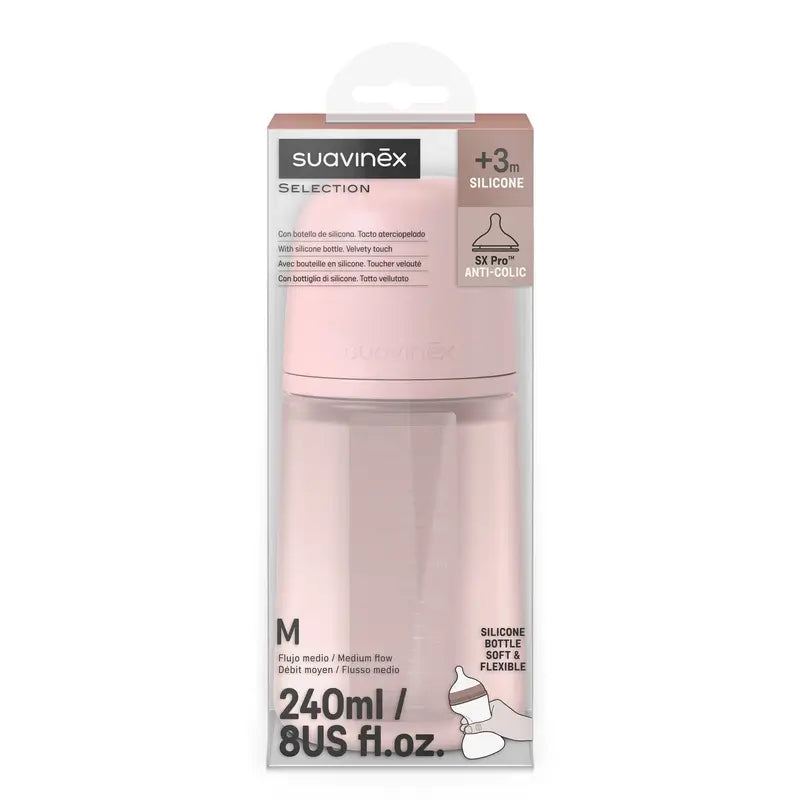Suavinex Silicone Bottle 240 Ml, Medium Flow (M), +3 Months, Rosewater