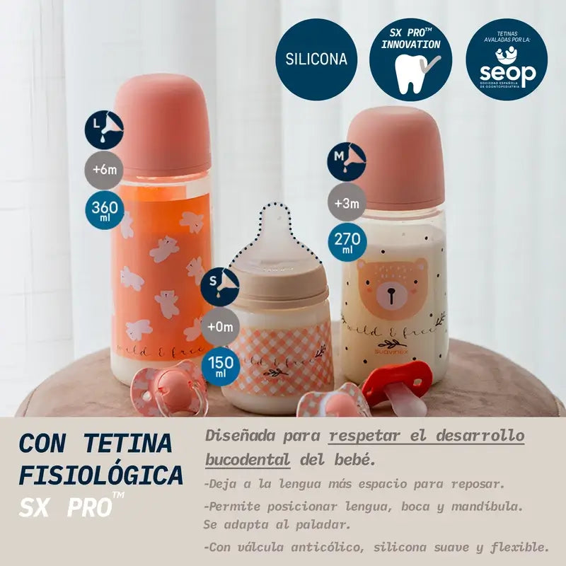 Suavinex Sx Pro Teat Dense Flow Bottle (L) +6 Months Wild&Free Pink, 360 ml