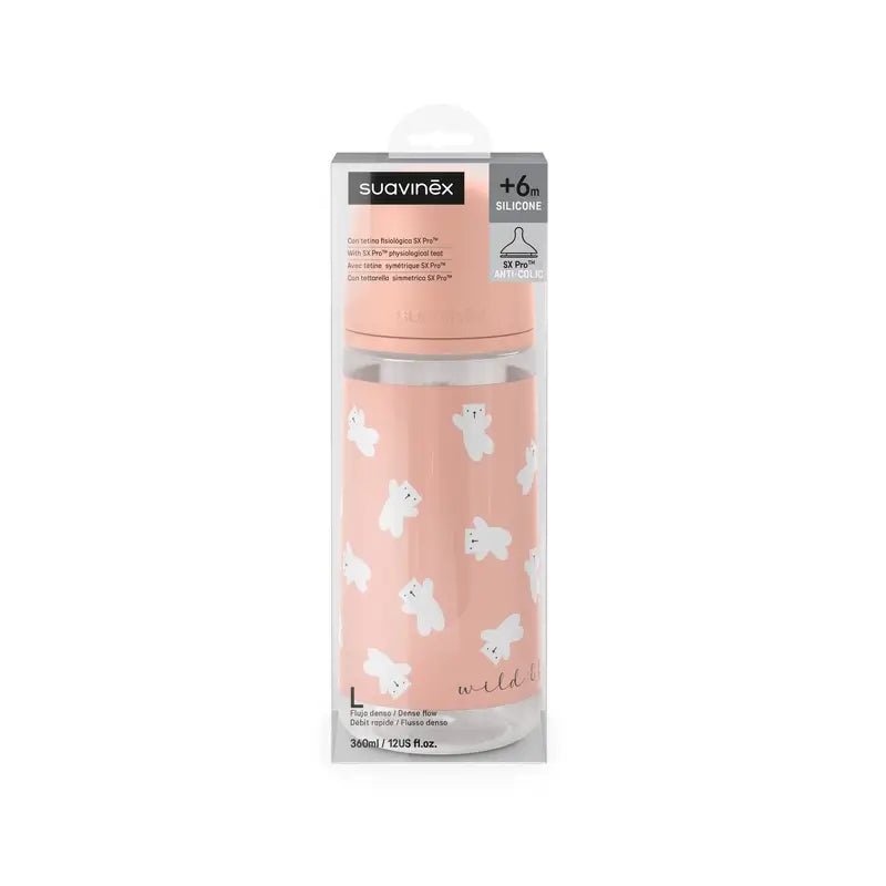 Suavinex Sx Pro Teat Dense Flow Bottle (L) +6 Months Wild&Free Pink, 360 ml