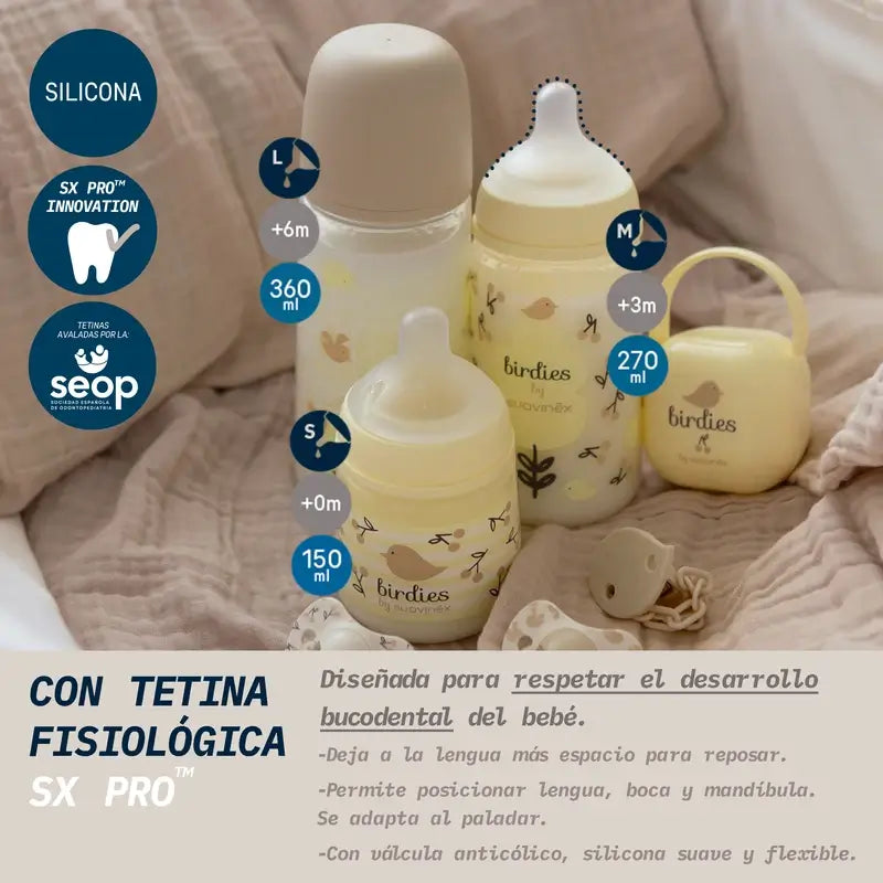 Suavinex Feeding Bottle Teat Sx Pro Dense Flow (L) +6 Months Birdies Beige, 360 ml