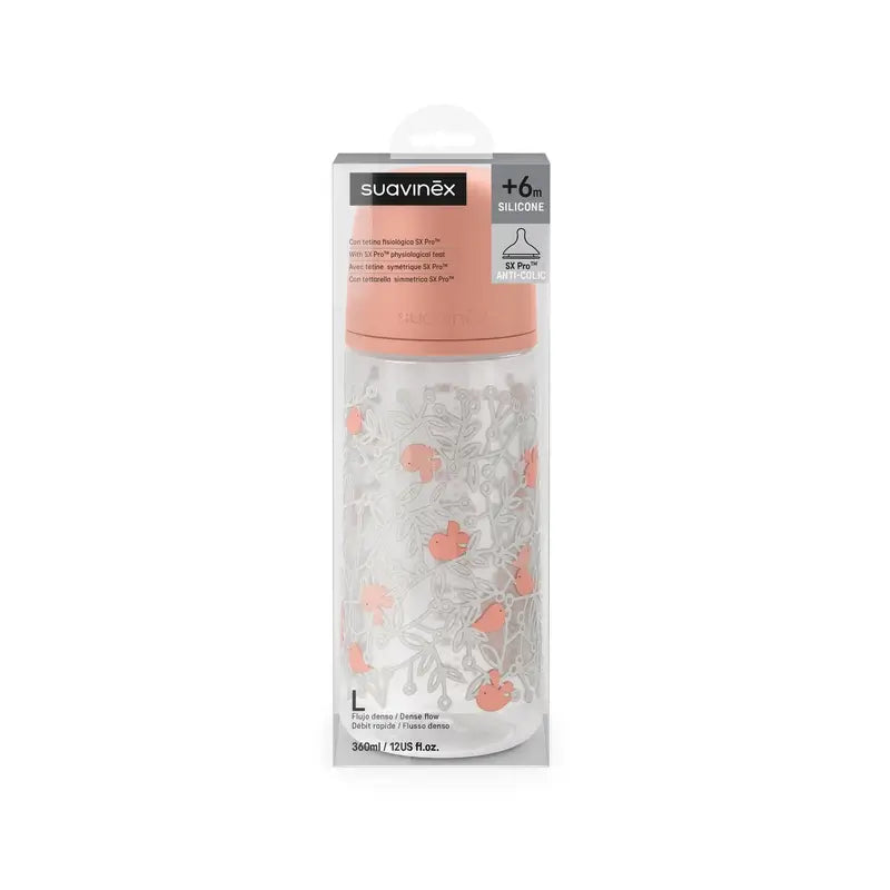 Suavinex Feeding Bottle Teat Sx Pro Dense Flow (L) +6 Months Birdies Pink, 360 ml