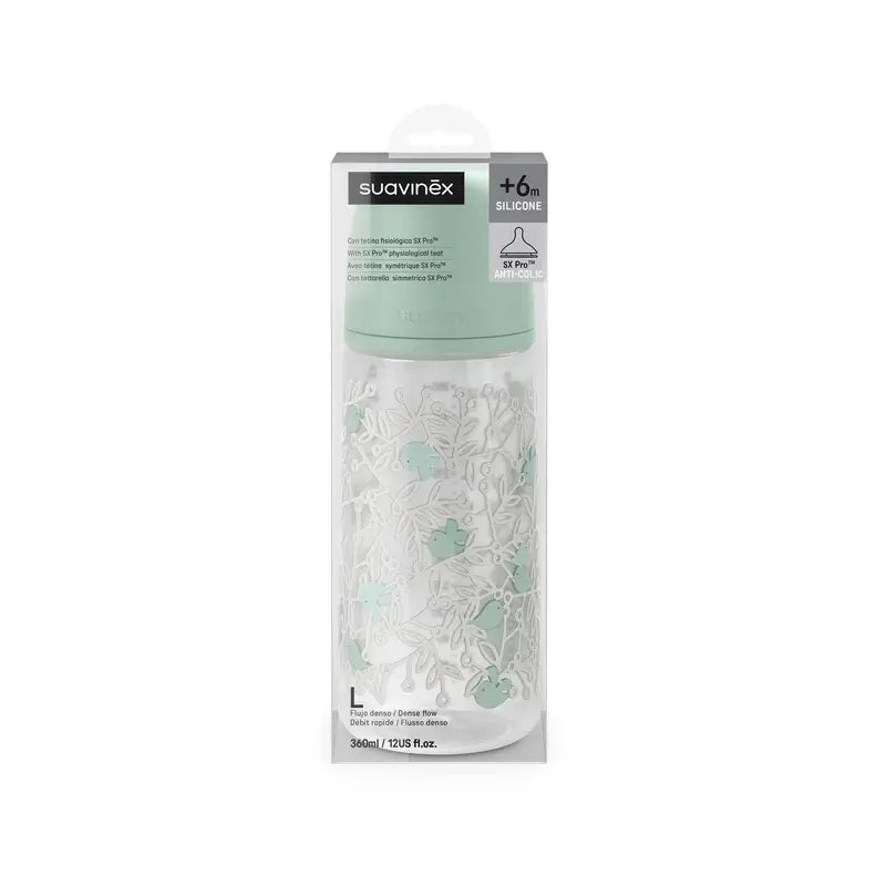 Suavinex Feeding Bottle Teat Sx Pro Dense Flow (L) +6 Months Birdies Green, 360 ml