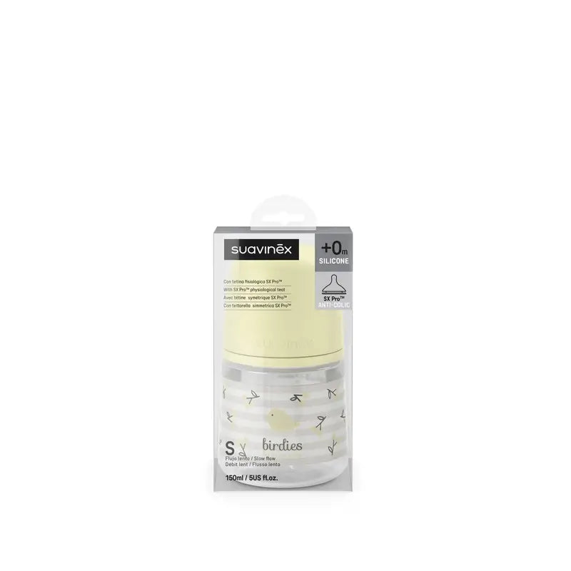 Suavinex Feeding Bottle Teat Sx Pro Slow Flow (S) +0 Months Birdies Beige, 150 ml