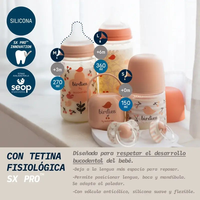 Suavinex Feeding Bottle Teat Sx Pro Slow Flow (S) +0 Months Birdies Pink, 150 ml