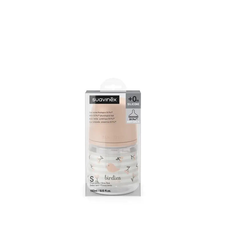 Suavinex Feeding Bottle Teat Sx Pro Slow Flow (S) +0 Months Birdies Pink, 150 ml