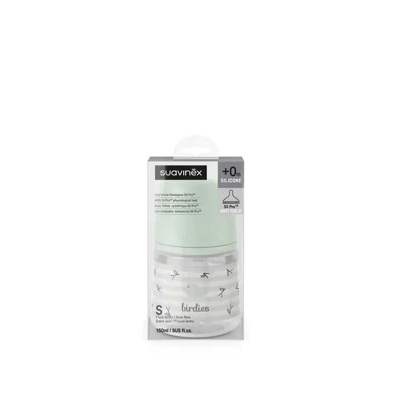 Suavinex Feeding Bottle Teat Sx Pro Slow Flow (S) +0 Months Birdies Green, 150 ml