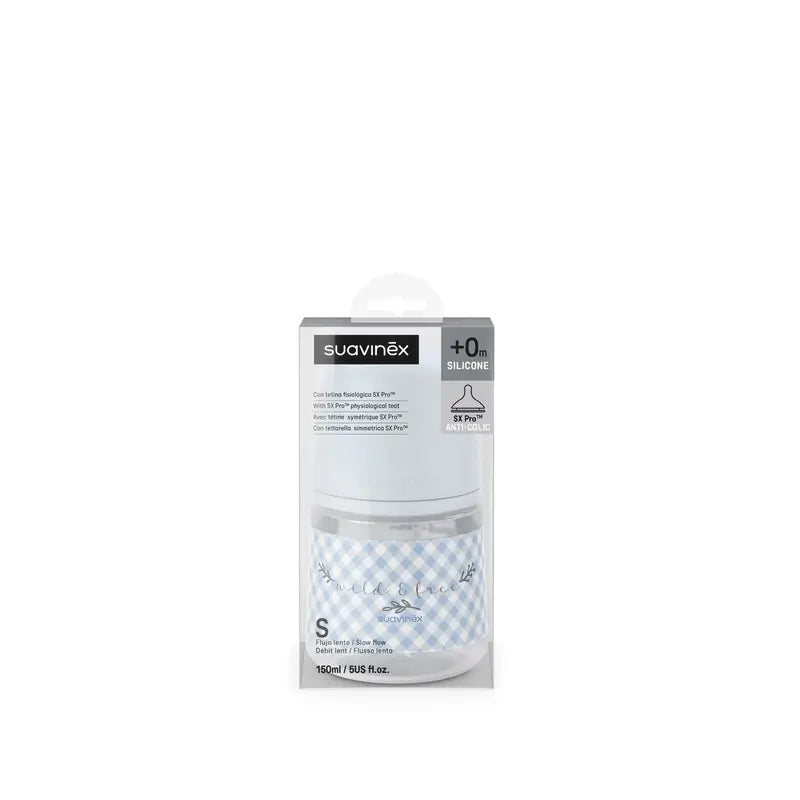 Suavinex Feeding Bottle Teat Sx Pro Slow Flow (S) +0 Months Wild&Free Blue, 150 ml
