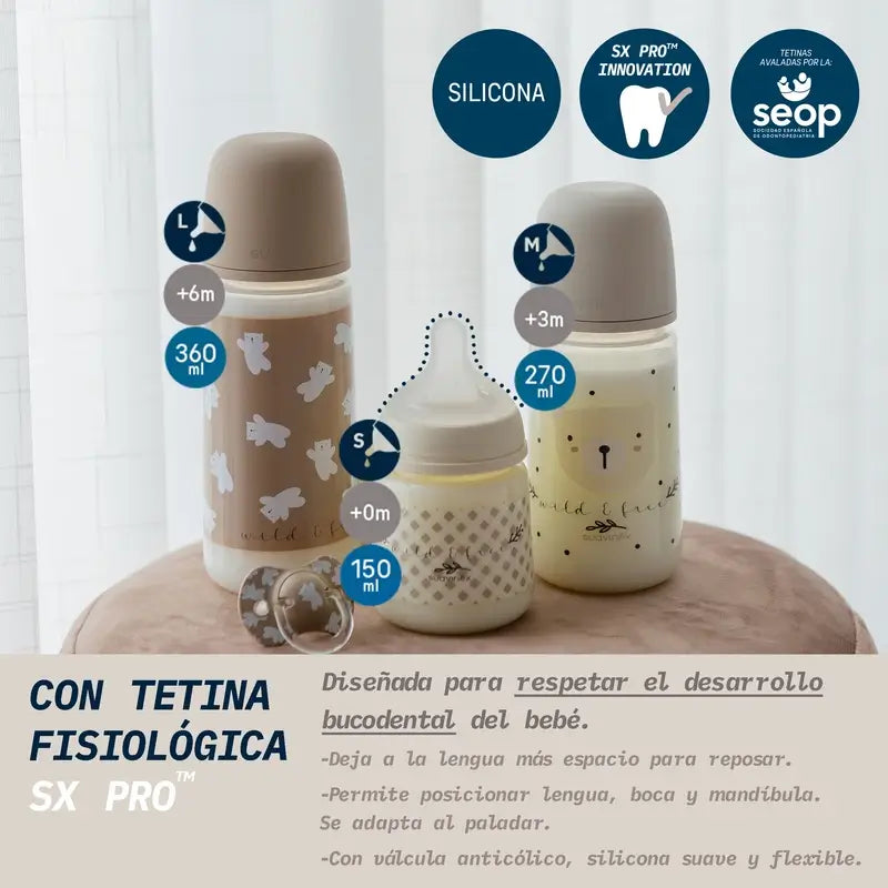Suavinex Feeding Bottle Teat Sx Pro Slow Flow (S) +0 Months Wild&Free Beige, 150 ml