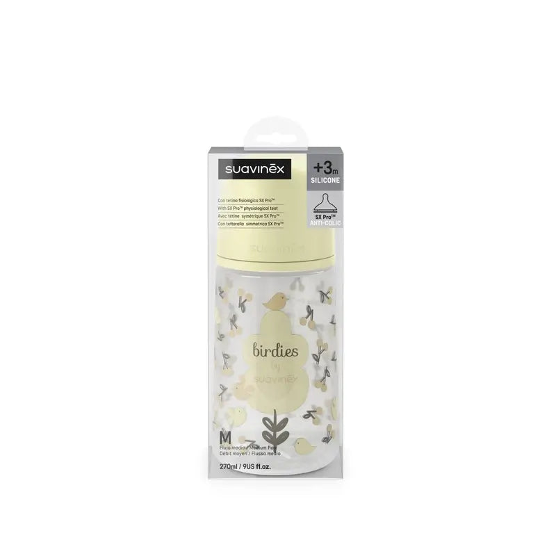 Suavinex Baby Bottle Teat Sx Pro Medium Flow (M) +3 Months Birdies Beige, 270 ml