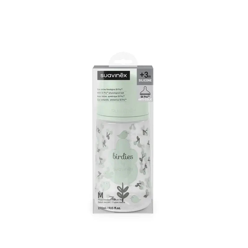 Suavinex Feeding Bottle Teat Sx Pro Medium Flow (M) +3 Months Birdies Green, 270 ml